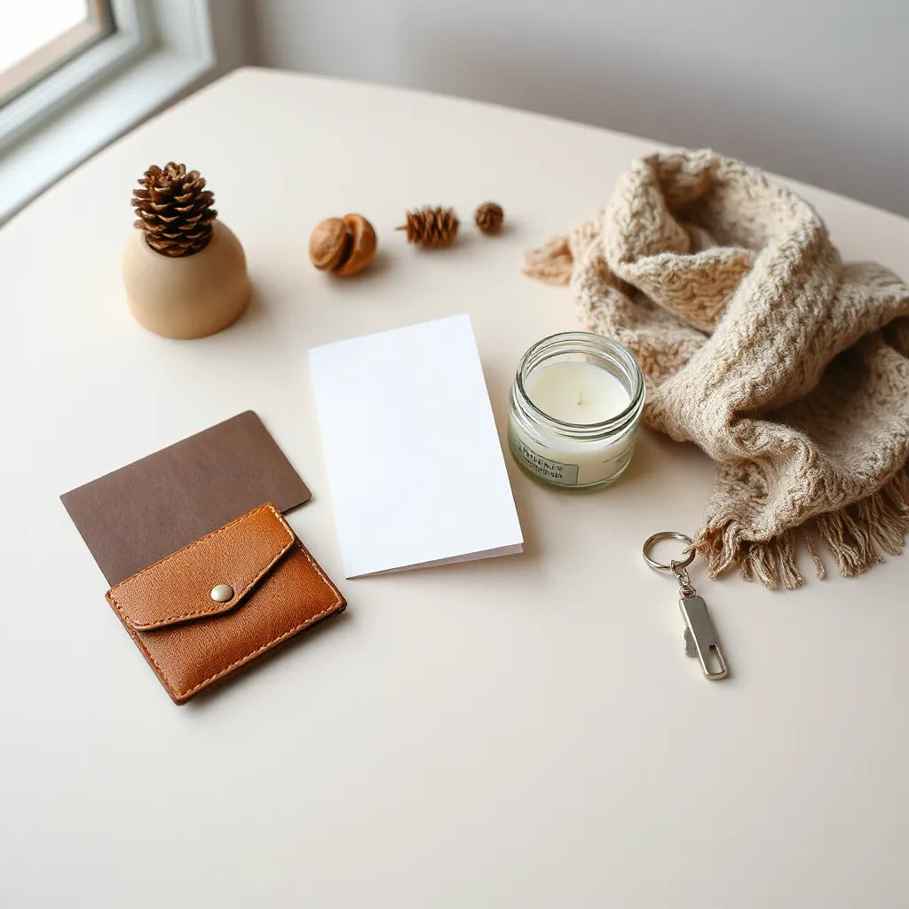 Assorted thoughtful gifts and a blank card arranged on a clean, light tabletop
