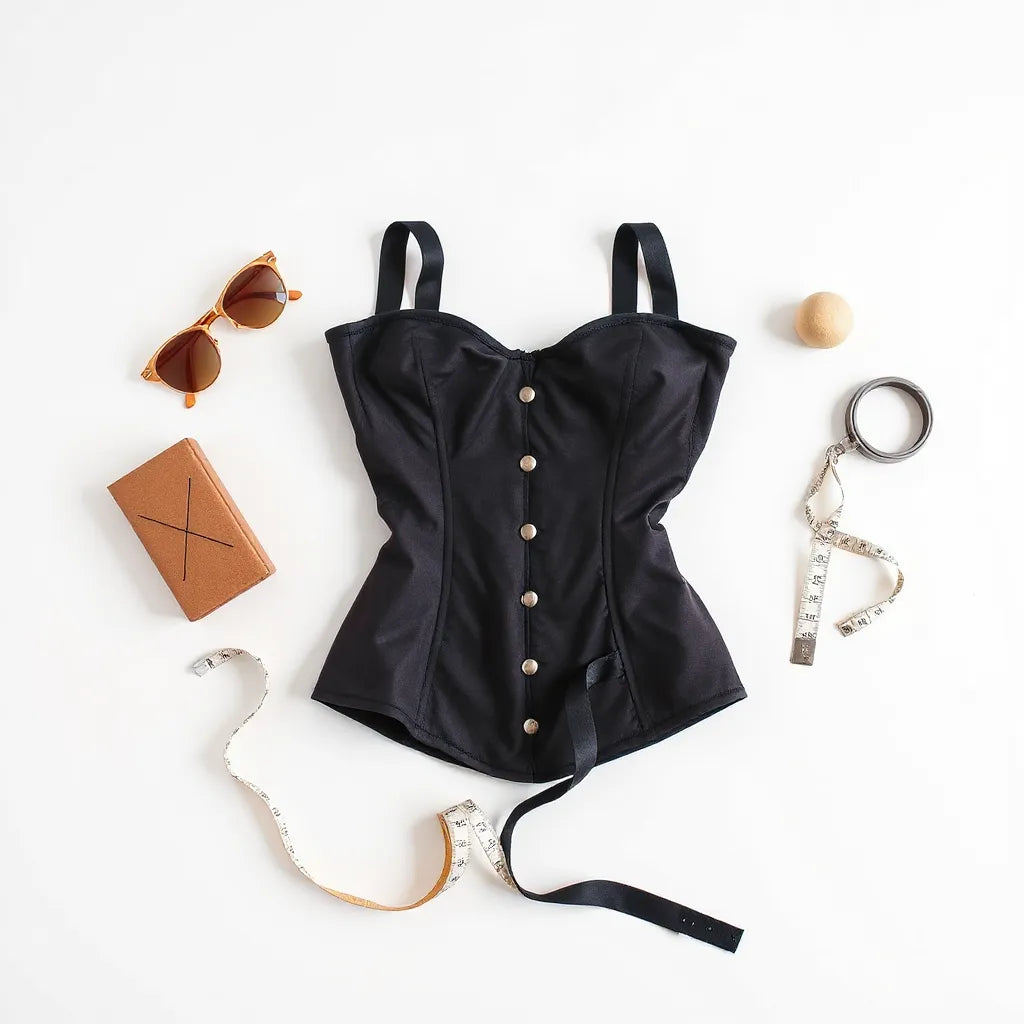 Corset-style waist trainer with a measuring tape on a clean neutral surface