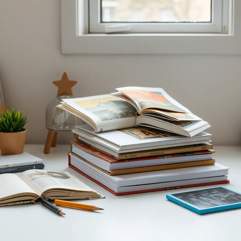Stack of creatively illustrated art books on a desk with open pages under soft natural light