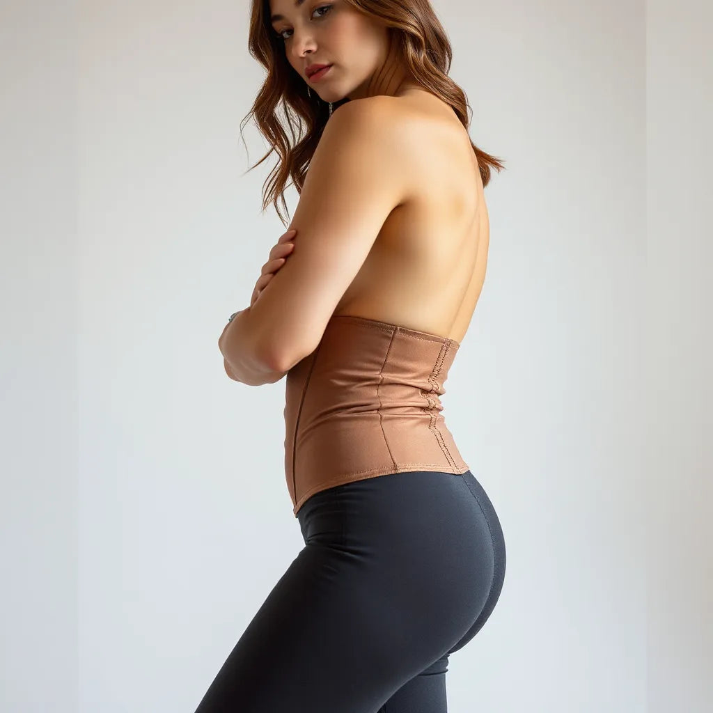 Model wearing a waist-cinching shapewear trainer, highlighting an hourglass waist silhouette against a neutral background