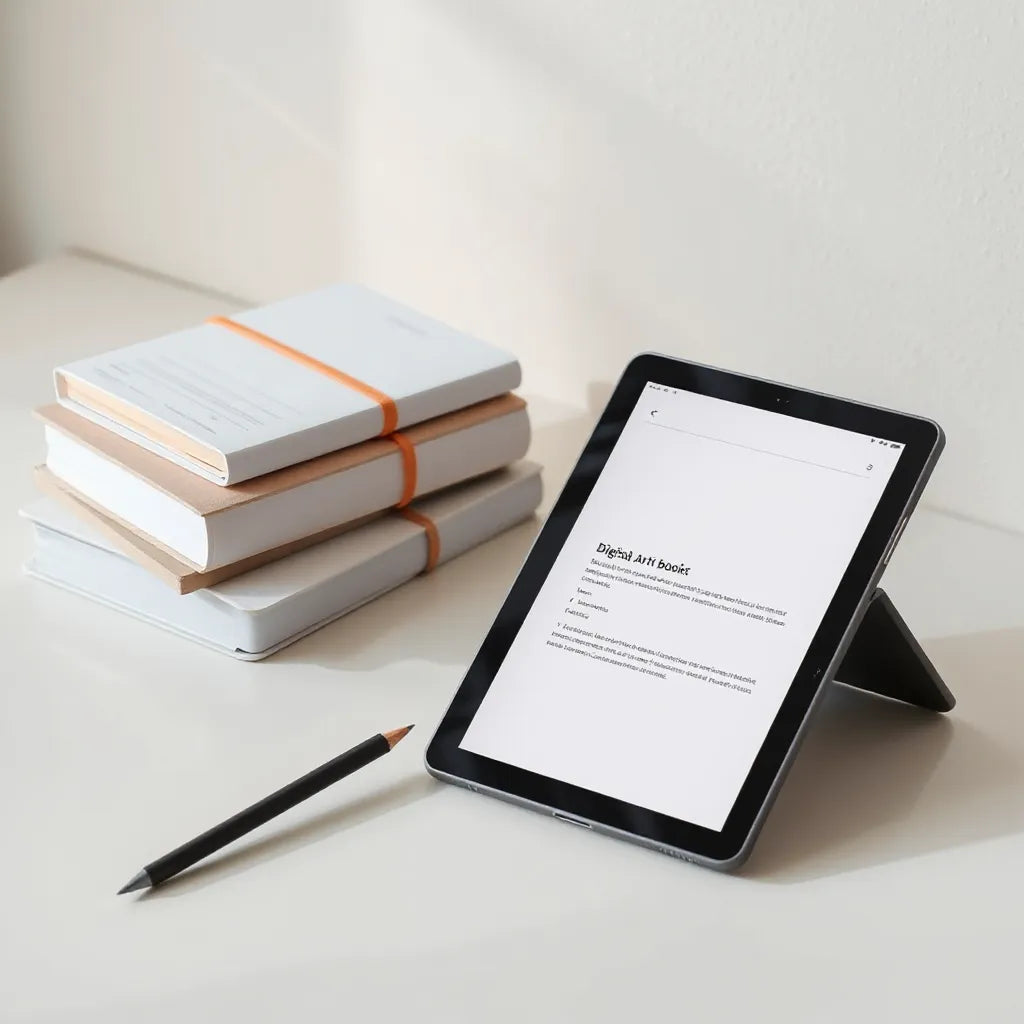Tablet open to colorful digital art book pages on a tidy desk with a stylus and art supplies