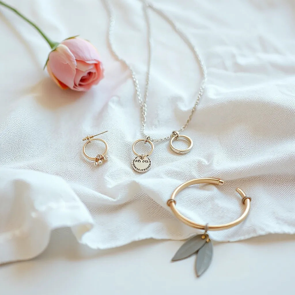 Delicate handcrafted necklace, earrings, and bracelet on light linen under soft natural light