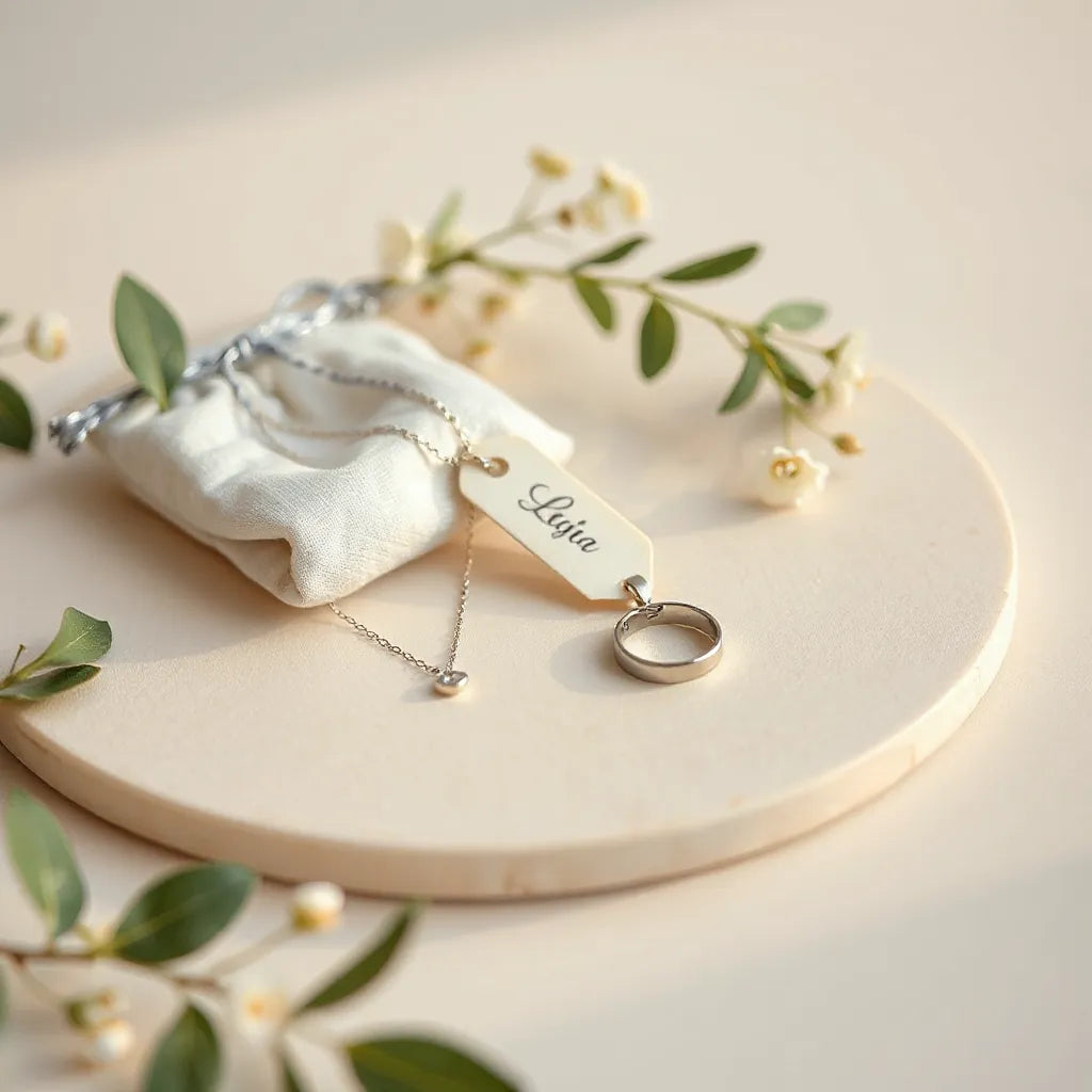 Delicate necklace and bracelet arranged with a gift tag and jewelry pouch on a neutral background