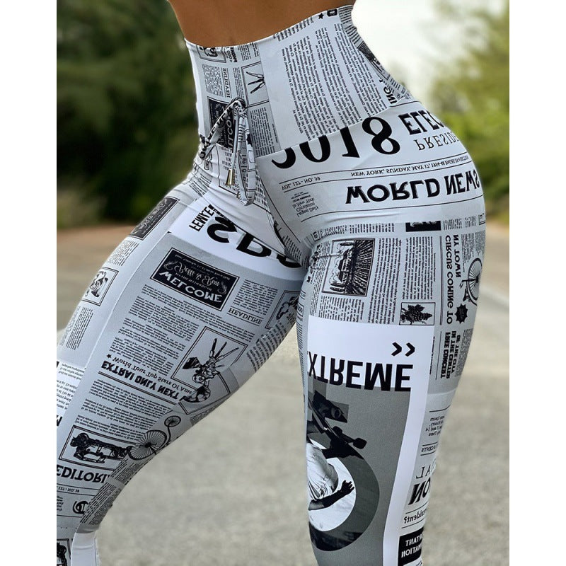 European And American Fashion News Times Digital Printed High Waist Stretch Yoga Pants Running Pants Leggings Slim Fit Social Buzz eSIMs