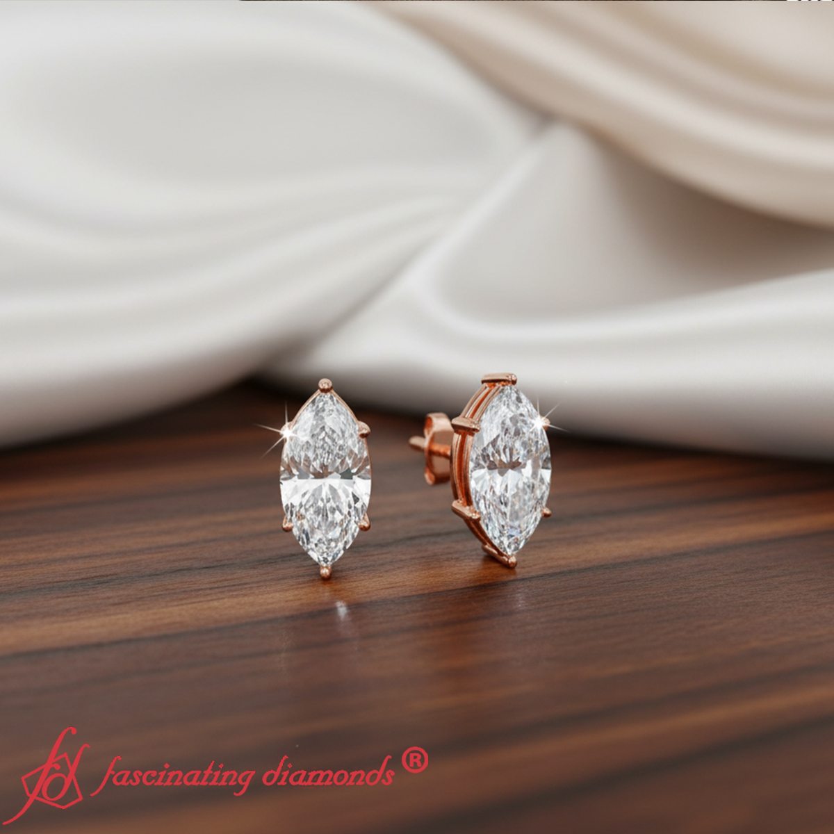 6 Prong Marquise Diamonds Solitaire Stud Earring in Basket Setting