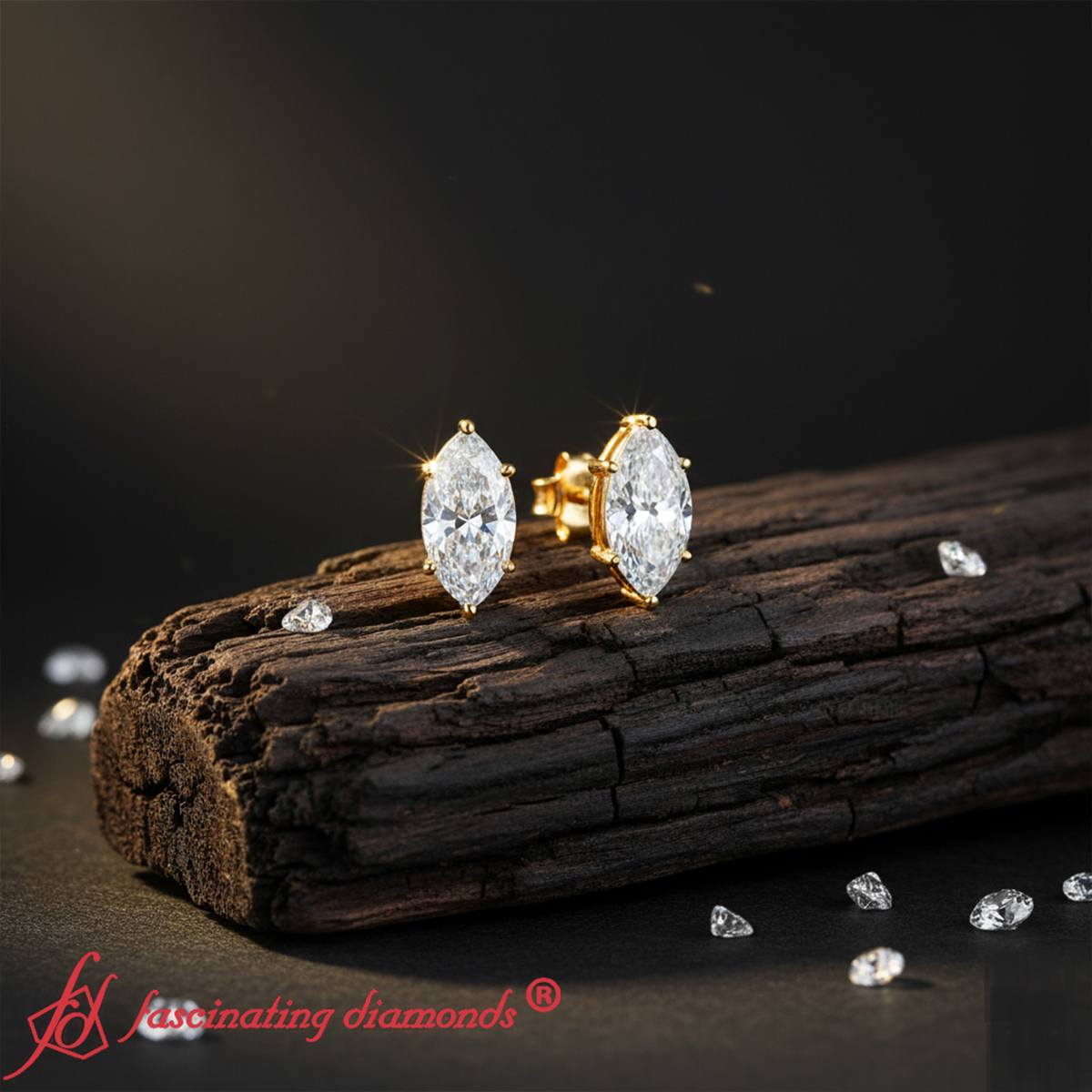 6 Prong Marquise Diamonds Solitaire Stud Earring in Basket Setting