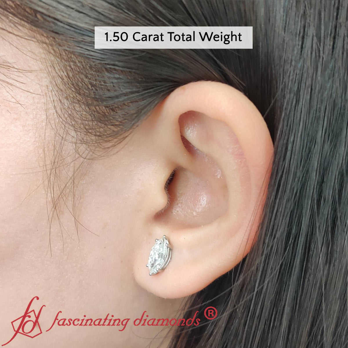 6 Prong Marquise Diamonds Solitaire Stud Earring in Basket Setting