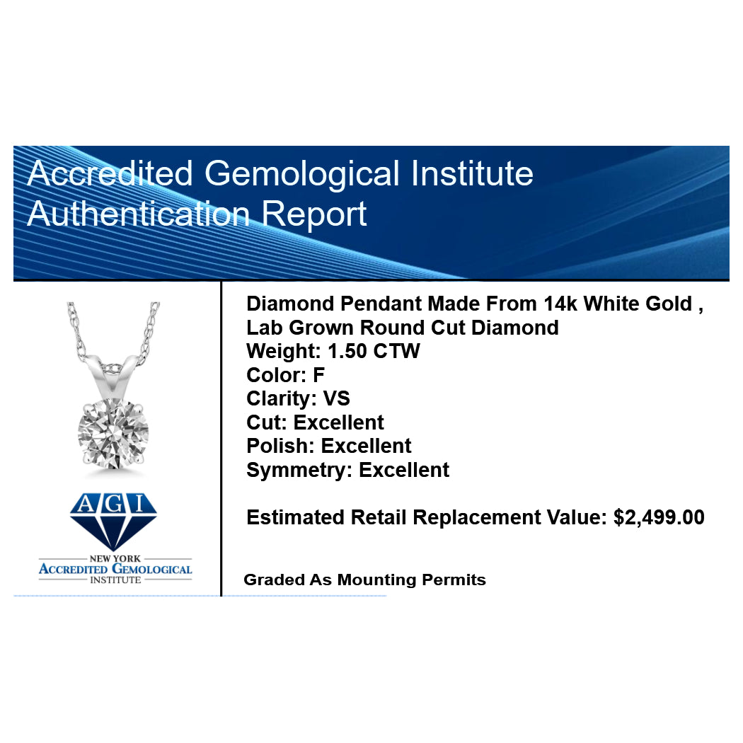 1.50 Ctw Round Lab Grown Diamond Pendant Necklace in 14K Gold – F Color VS Clarity | AGI Certified VossAgin