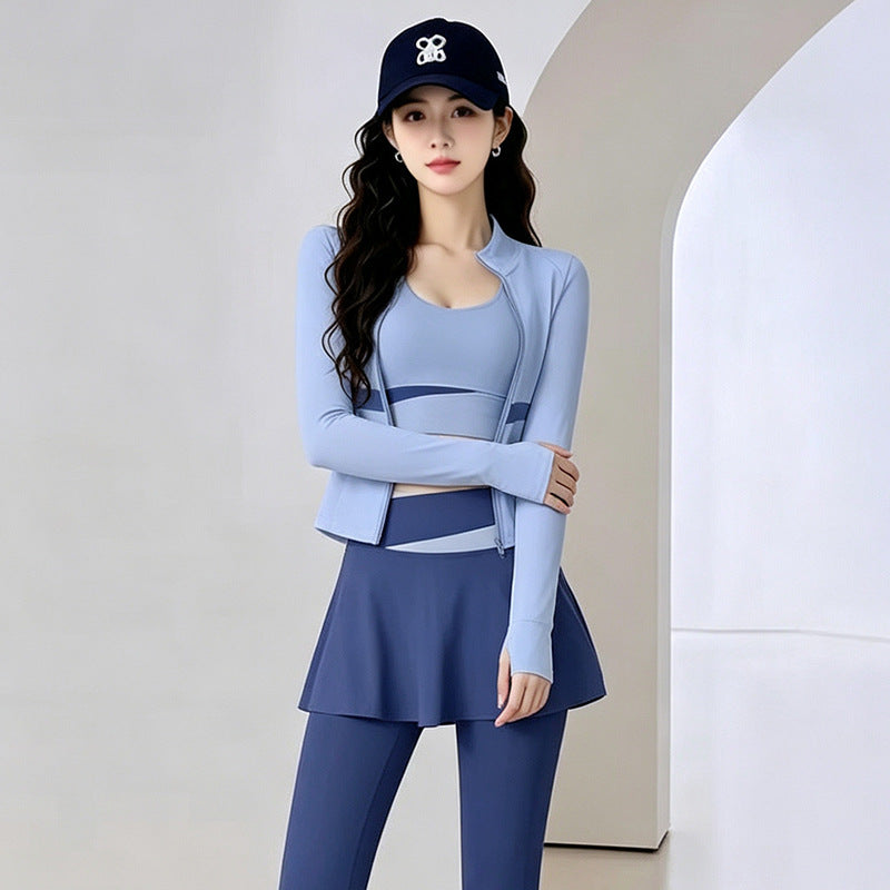 Womens Color-Block Stand-Neck Zipper Yoga Three-Piece Set Social Buzz eSIMs
