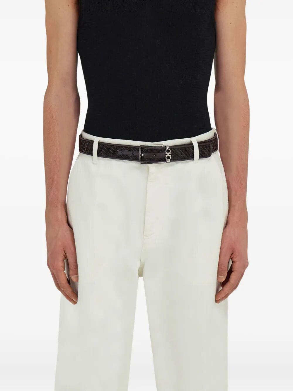 Ferragamo Men Basketweave Effect Leather Belt With Square Buckle