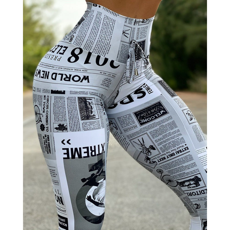 European And American Fashion News Times Digital Printed High Waist Stretch Yoga Pants Running Pants Leggings Slim Fit Social Buzz eSIMs