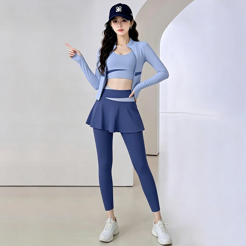 Womens Color-Block Stand-Neck Zipper Yoga Three-Piece Set Social Buzz eSIMs