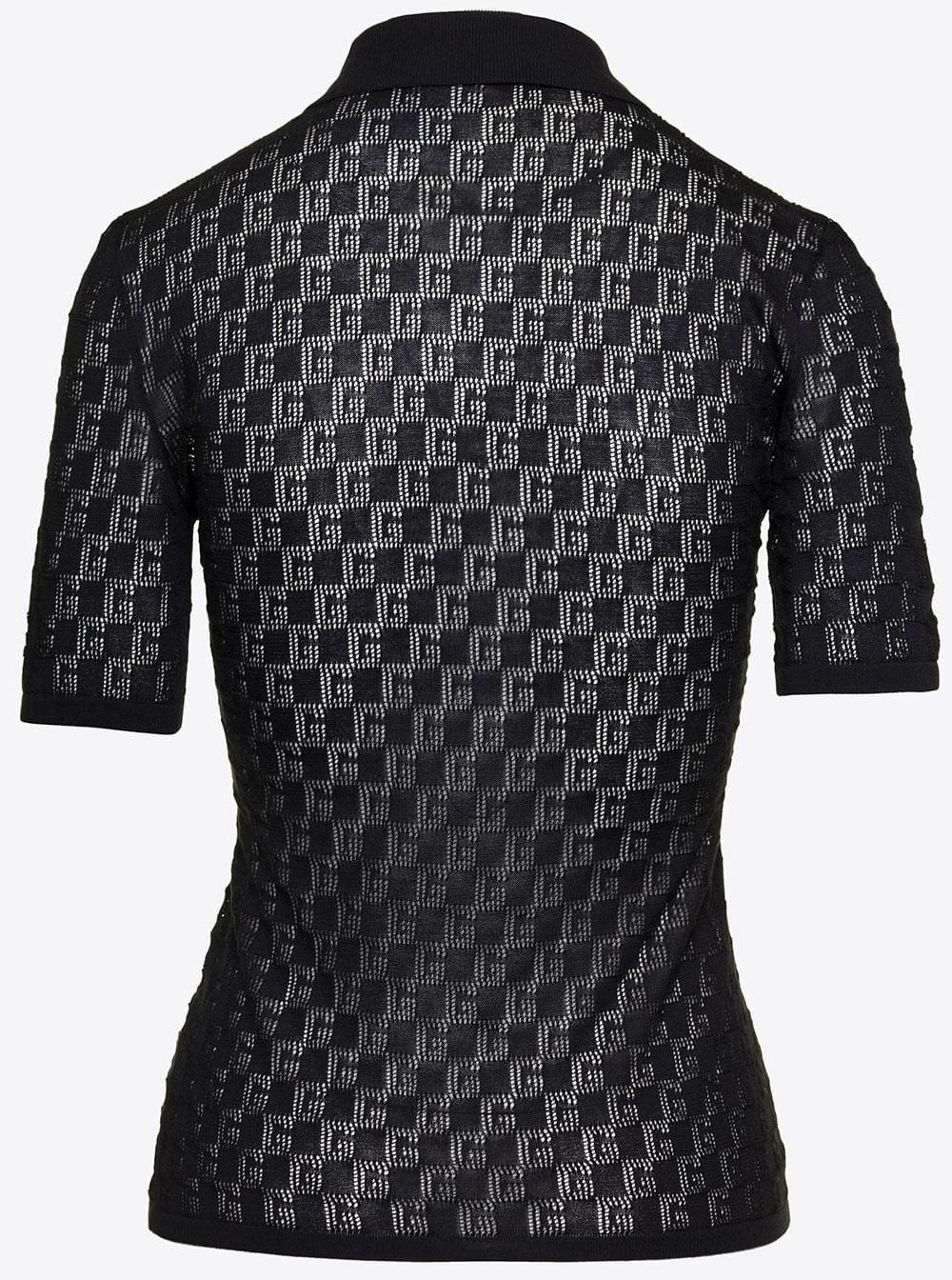 Gucci Women Black Polo Shirt With Button Closure And Gg Motif In Cotton And Silk Blend Woman