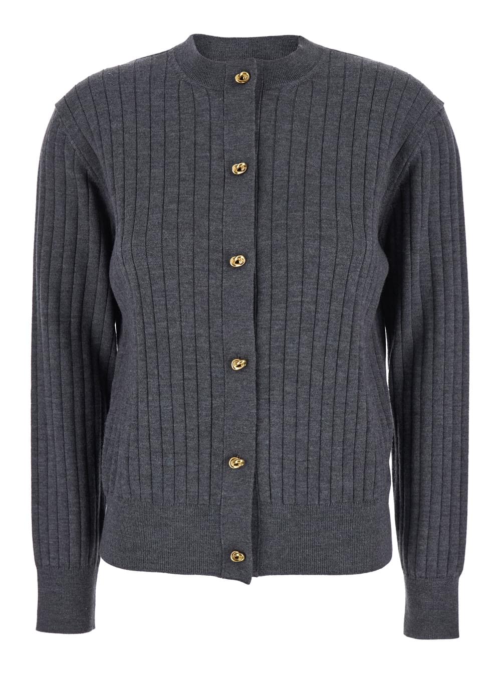 Bottega Veneta Women Grey Crewneck Cardigan With Knot Buttons Closure And Ribbed Knit In Wool Woman