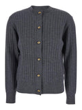 Bottega Veneta Women Grey Crewneck Cardigan With Knot Buttons Closure And Ribbed Knit In Wool Woman