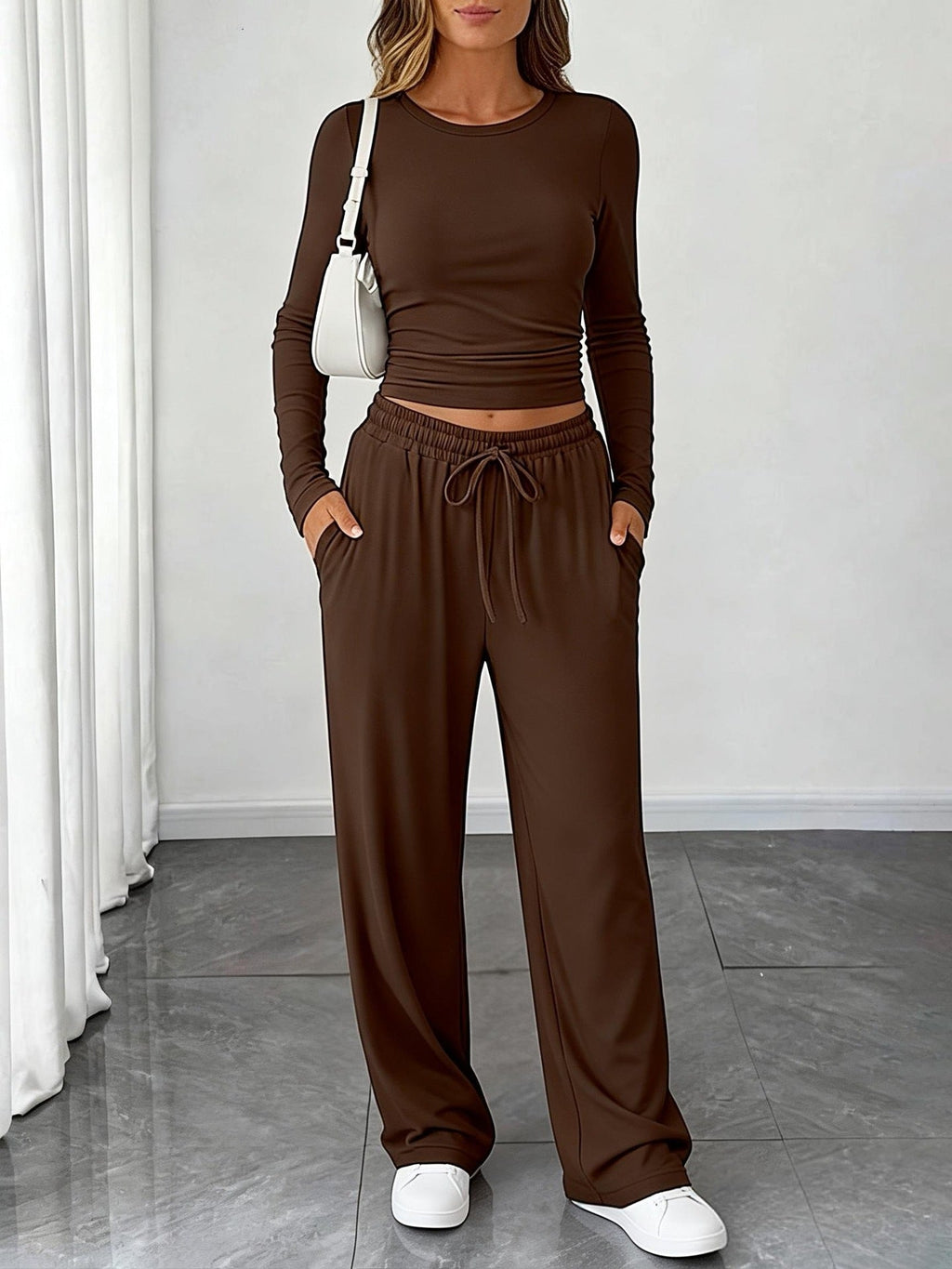 Amazon 2025 New European And American Style Slimming Waist-Cinching Fashionable Casual Suit Sports Yoga Spring And Summer Round Neck Long-Sleeved Women's Clothing Social Buzz eSIMs