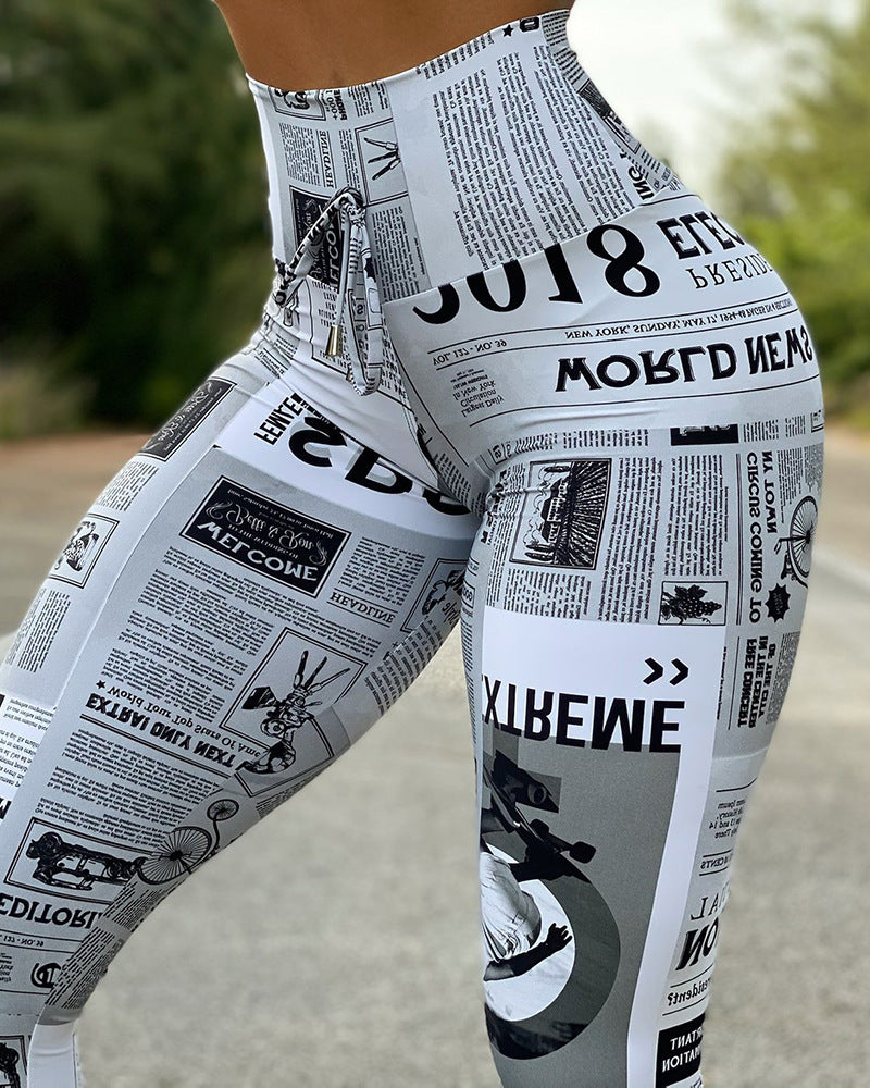 European And American Fashion News Times Digital Printed High Waist Stretch Yoga Pants Running Pants Leggings Slim Fit Social Buzz eSIMs