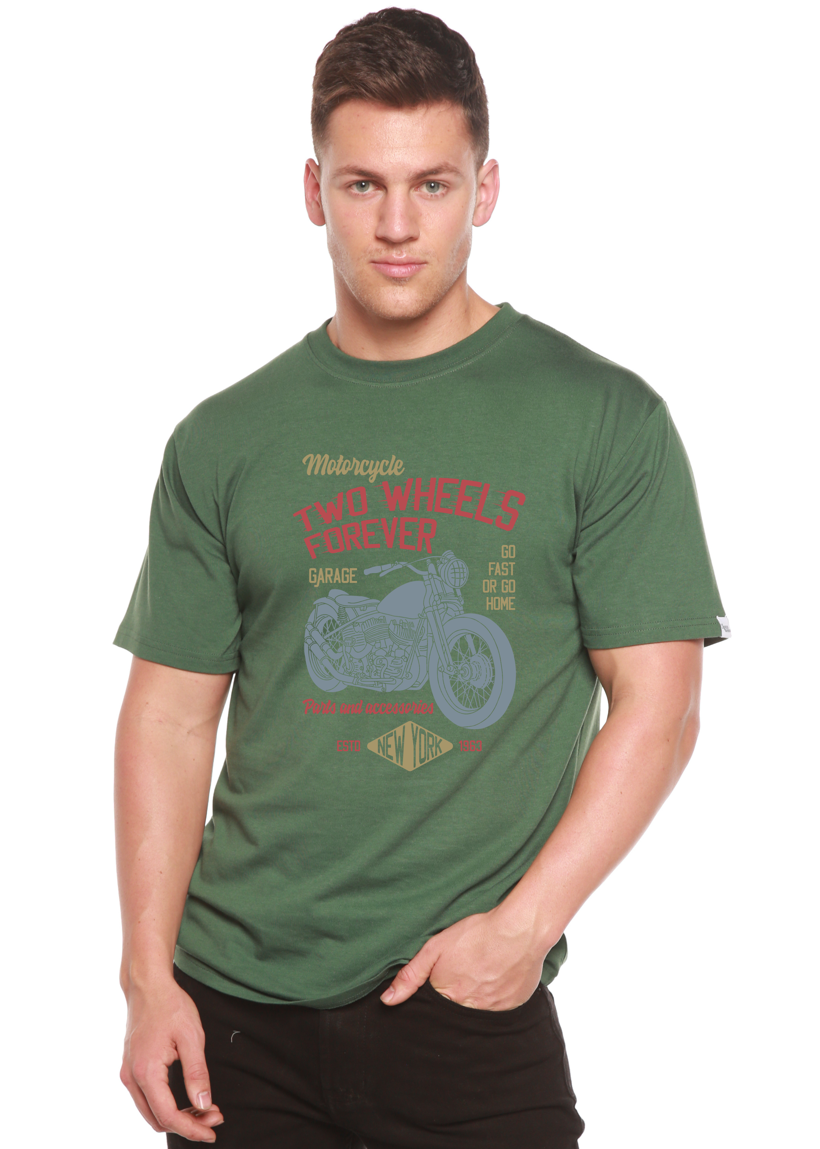 Two Wheels Forever Men's Bamboo Viscose/Organic Cotton Short Sleeve Graphic T-Shirt Spun Bamboo