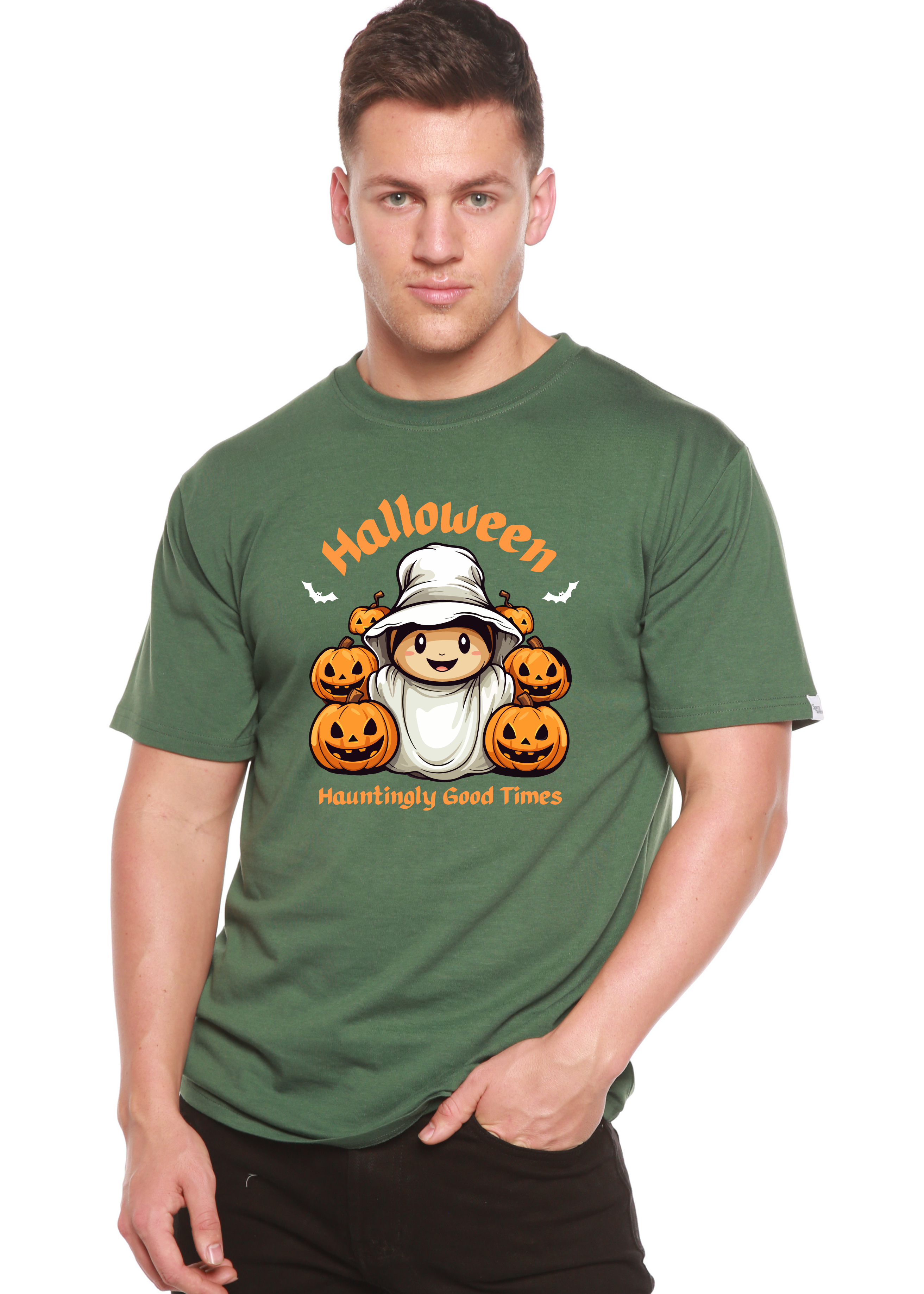 Halloween Hauntingly Good Times Day Men's Bamboo Viscose/Organic Cotton Short Sleeve Graphic T-Shirt Spun Bamboo
