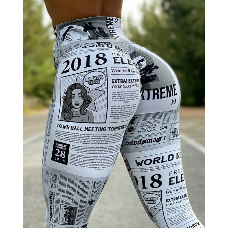 European And American Fashion News Times Digital Printed High Waist Stretch Yoga Pants Running Pants Leggings Slim Fit Social Buzz eSIMs