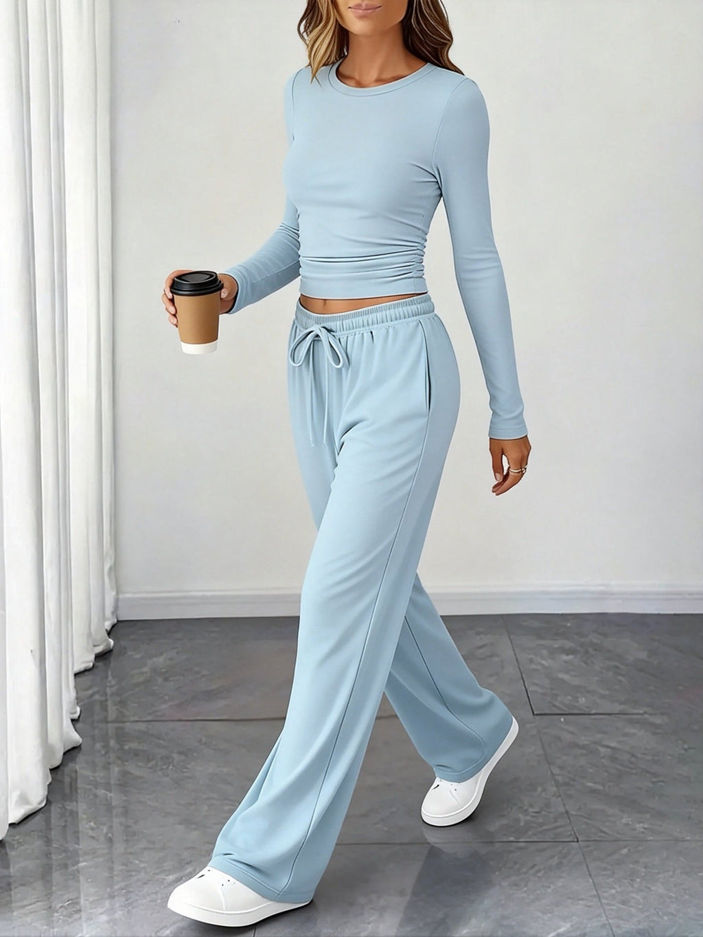 Amazon New European And American Style Slimming Waist-Cinching Fashionable Casual Suit Sports Yoga Spring And Summer Round Neck Long-Sleeved Women's Clothing Social Buzz eSIMs