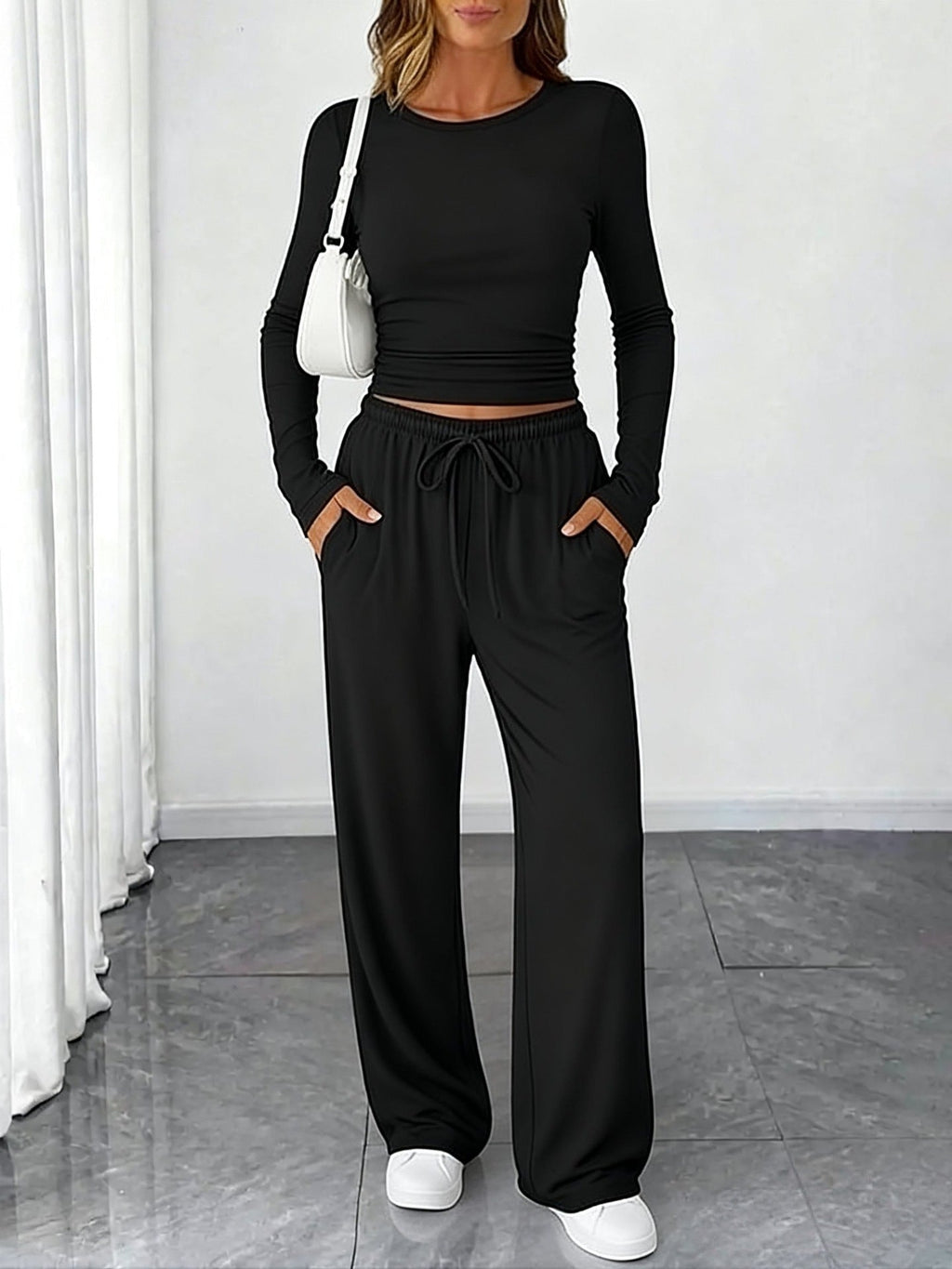 Amazon 2025 New European And American Style Slimming Waist-Cinching Fashionable Casual Suit Sports Yoga Spring And Summer Round Neck Long-Sleeved Women's Clothing Social Buzz eSIMs