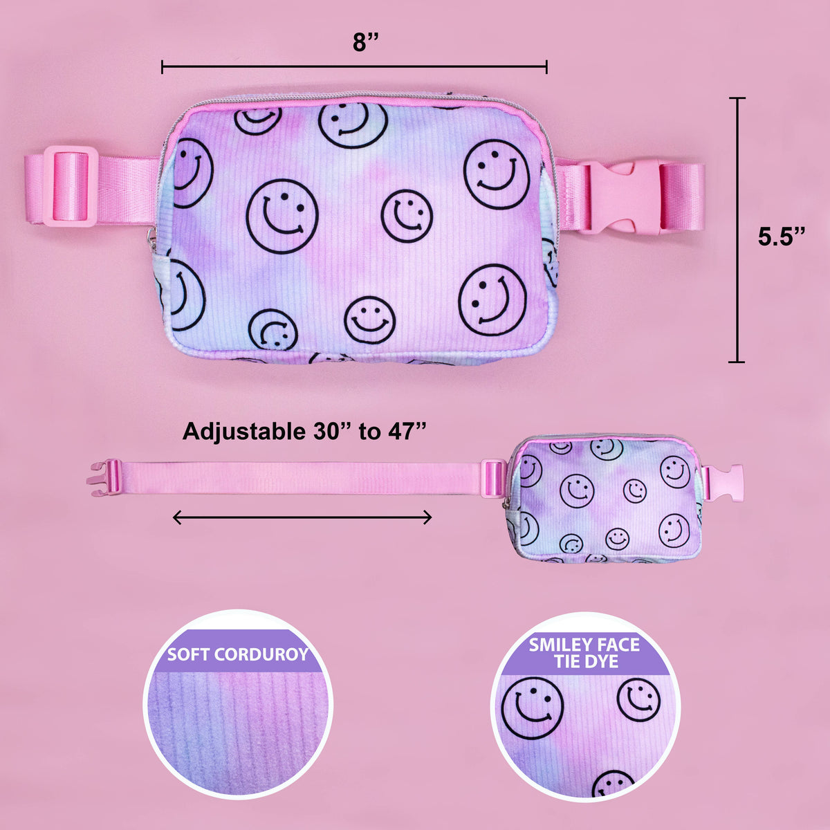 Kids Belt Bag - Tie Dye Smiley Face Crossbody Fanny Pack Torn and Trendy