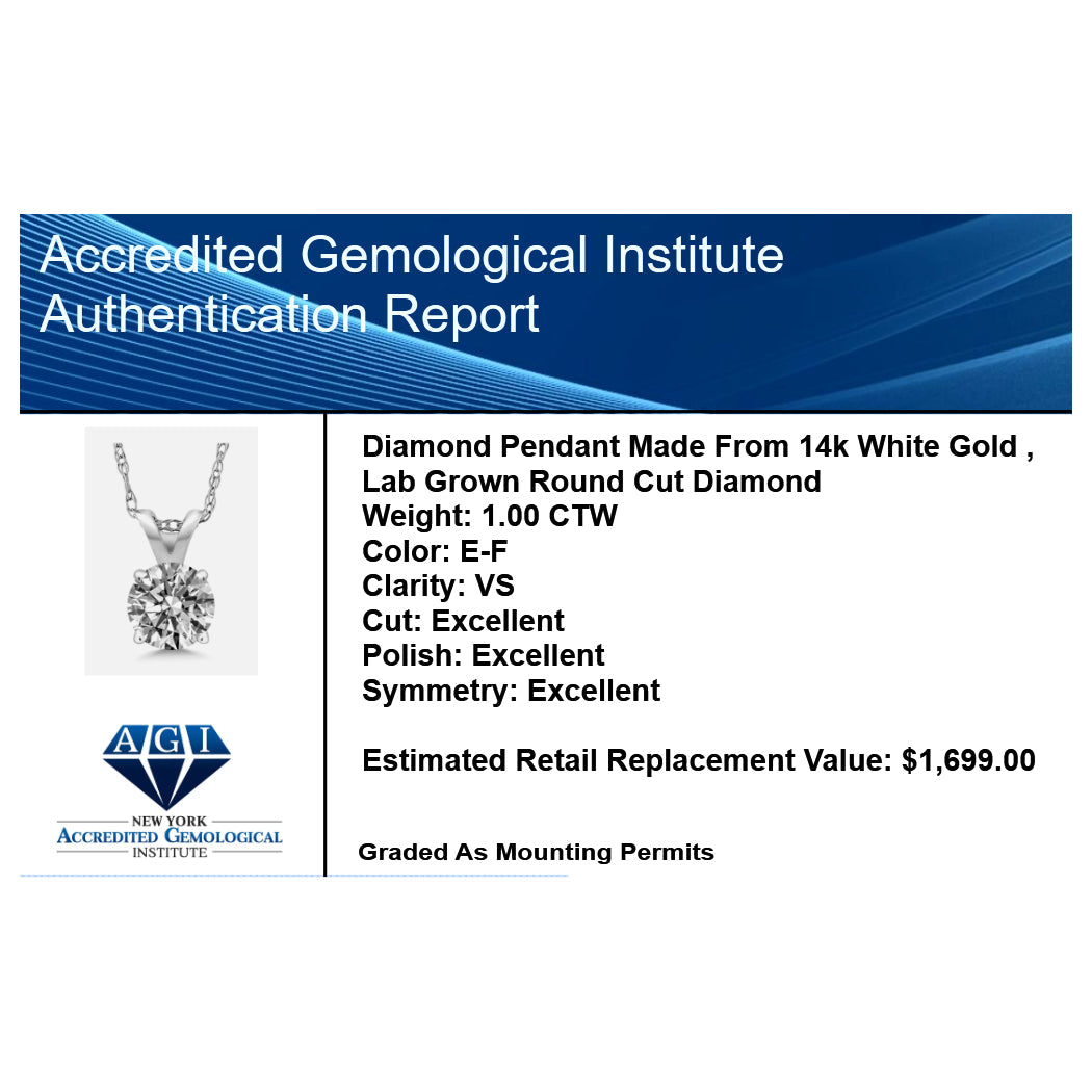 1.00 CTW Round Lab Grown Diamond Pendant Necklace in 14K Gold | AGI Certified | E-F Color, VS1-VS2 Clarity | 18 Inch Chain VossAgin