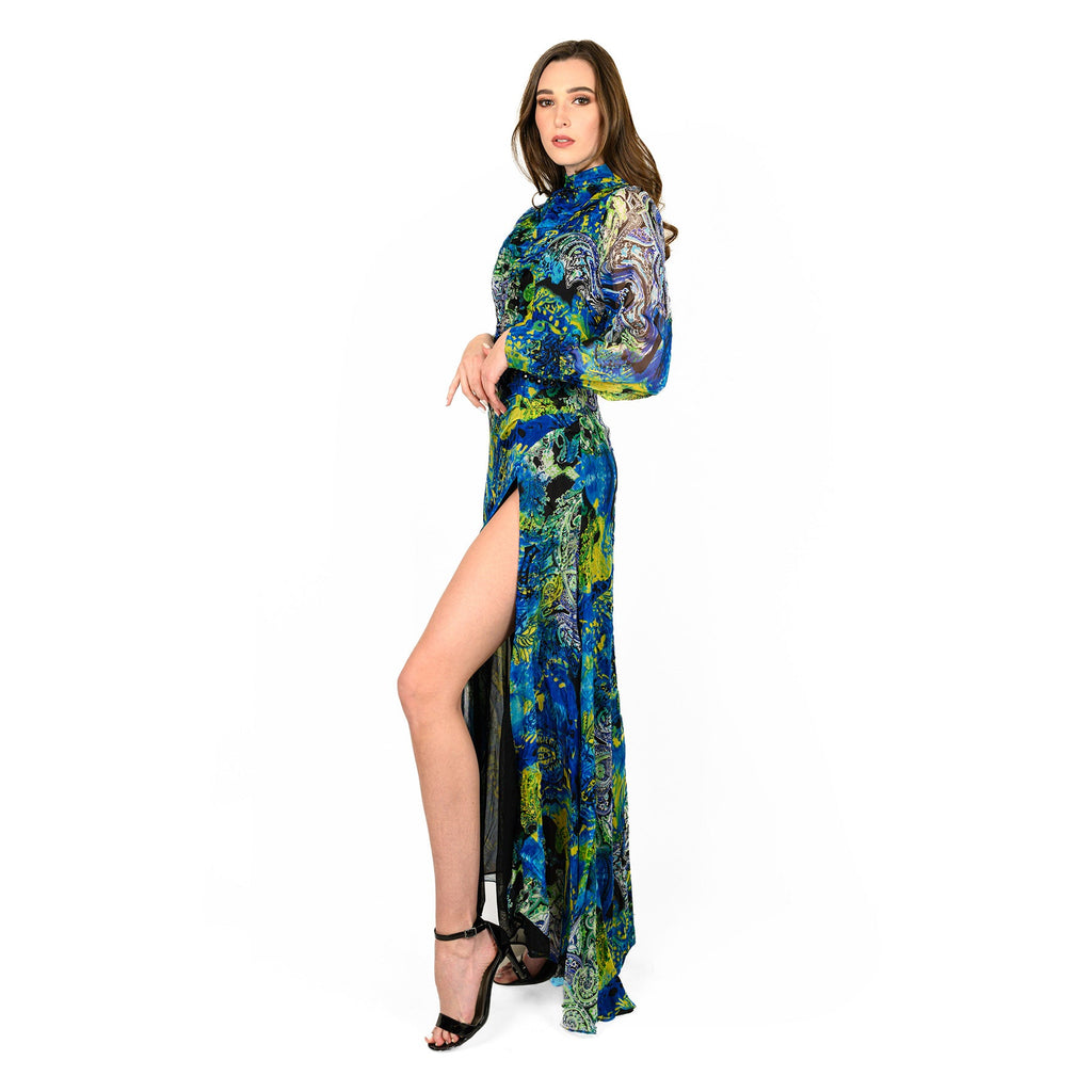 Mock Neck Side Slit Gown Cenia New York