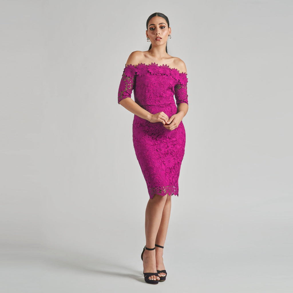 Off The Shoulder Flower Applique Sheath Cenia New York