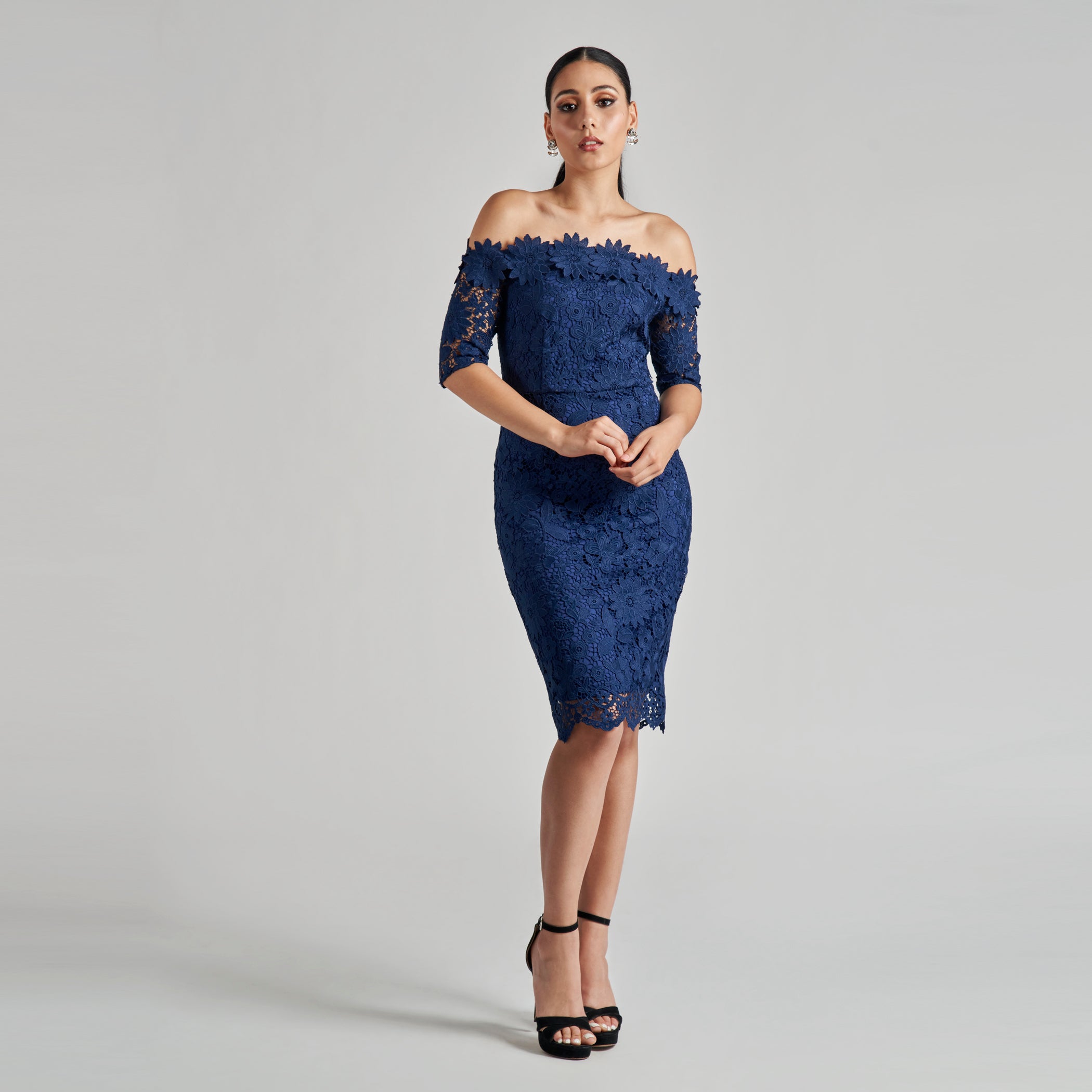 Off The Shoulder Flower Applique Sheath Cenia New York