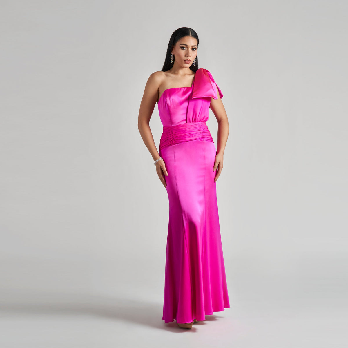 Gathered Waist One Shoulder Bow Gown _ Custom Colors Available Cenia New York
