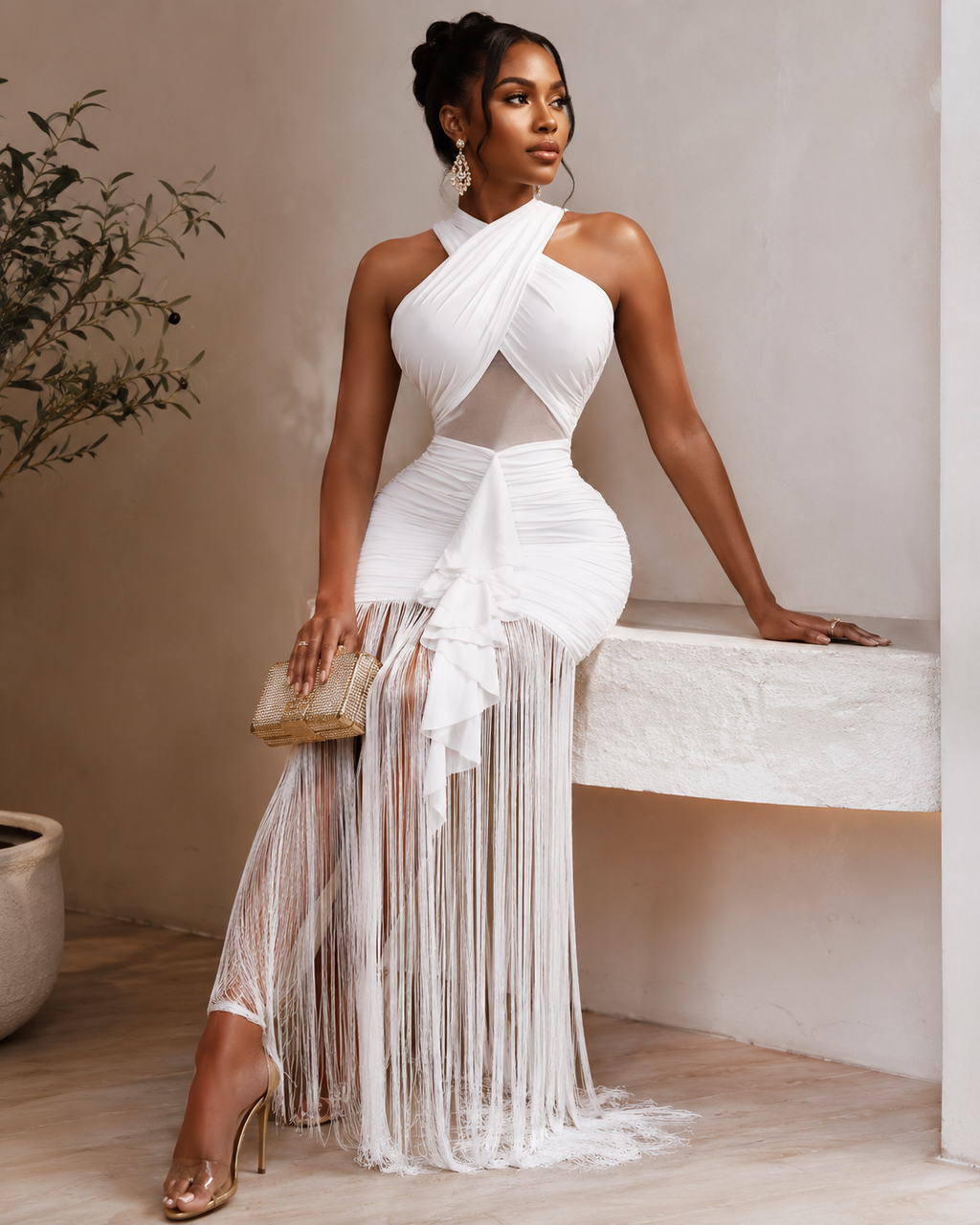 White Ruched Halter Cutout Fringe Maxi Dress Rose In Concrete 🥀