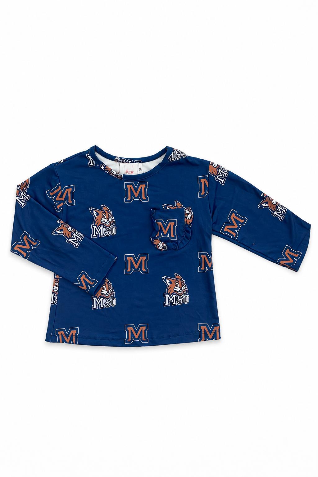 Montana State University Blue Bobcat L/S Ruffle Pocket Tee Mila & Rose ®