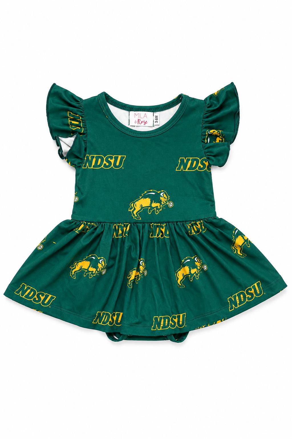 North Dakota State University Green Bison S/S Flutter Twirl Bodysuit Mila & Rose ®