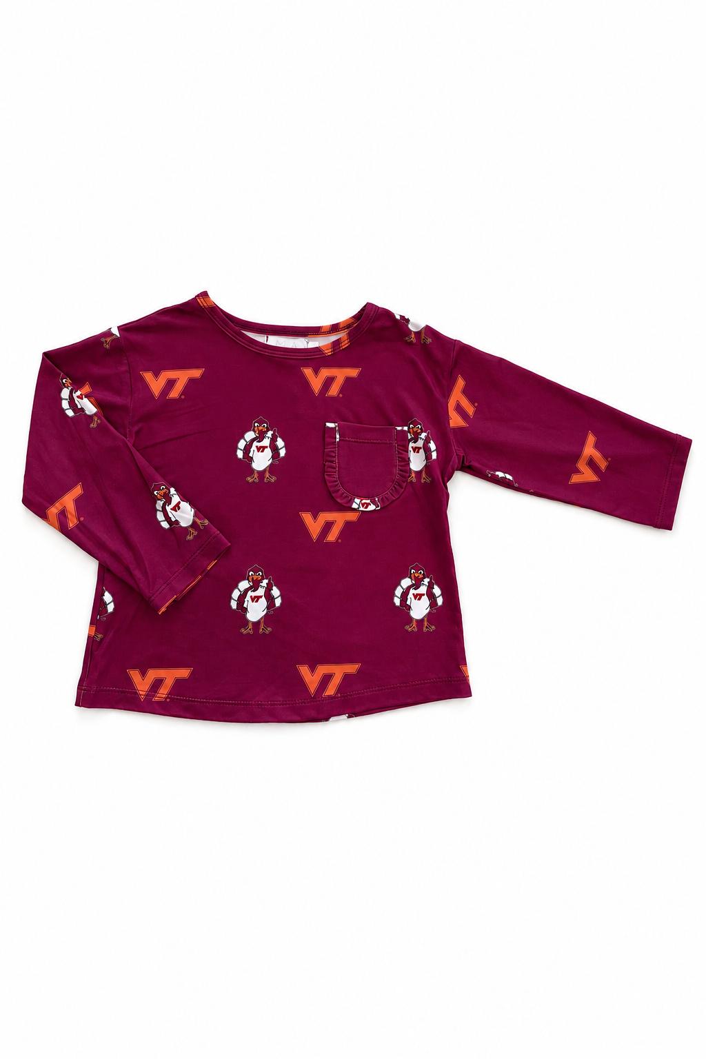 Virginia Tech Maroon Hokie L/S Ruffle Pocket Tee Mila & Rose ®