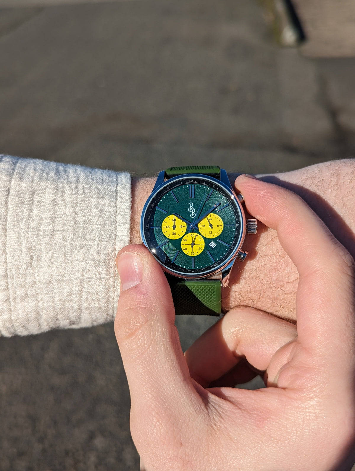 Green and Yellow Chronograph The Beyond Boring Watch Company