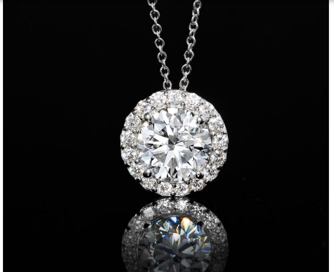 1.50 CTW AGI Certified Lab-Grown Diamond Halo Pendant Necklace in 14kt White Gold VossAgin