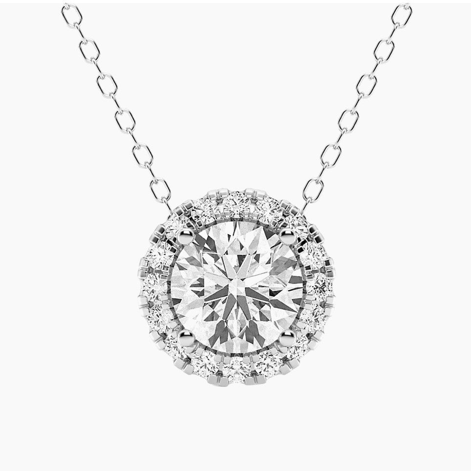 1.50 CTW AGI Certified Lab-Grown Diamond Halo Pendant Necklace in 14kt White Gold VossAgin