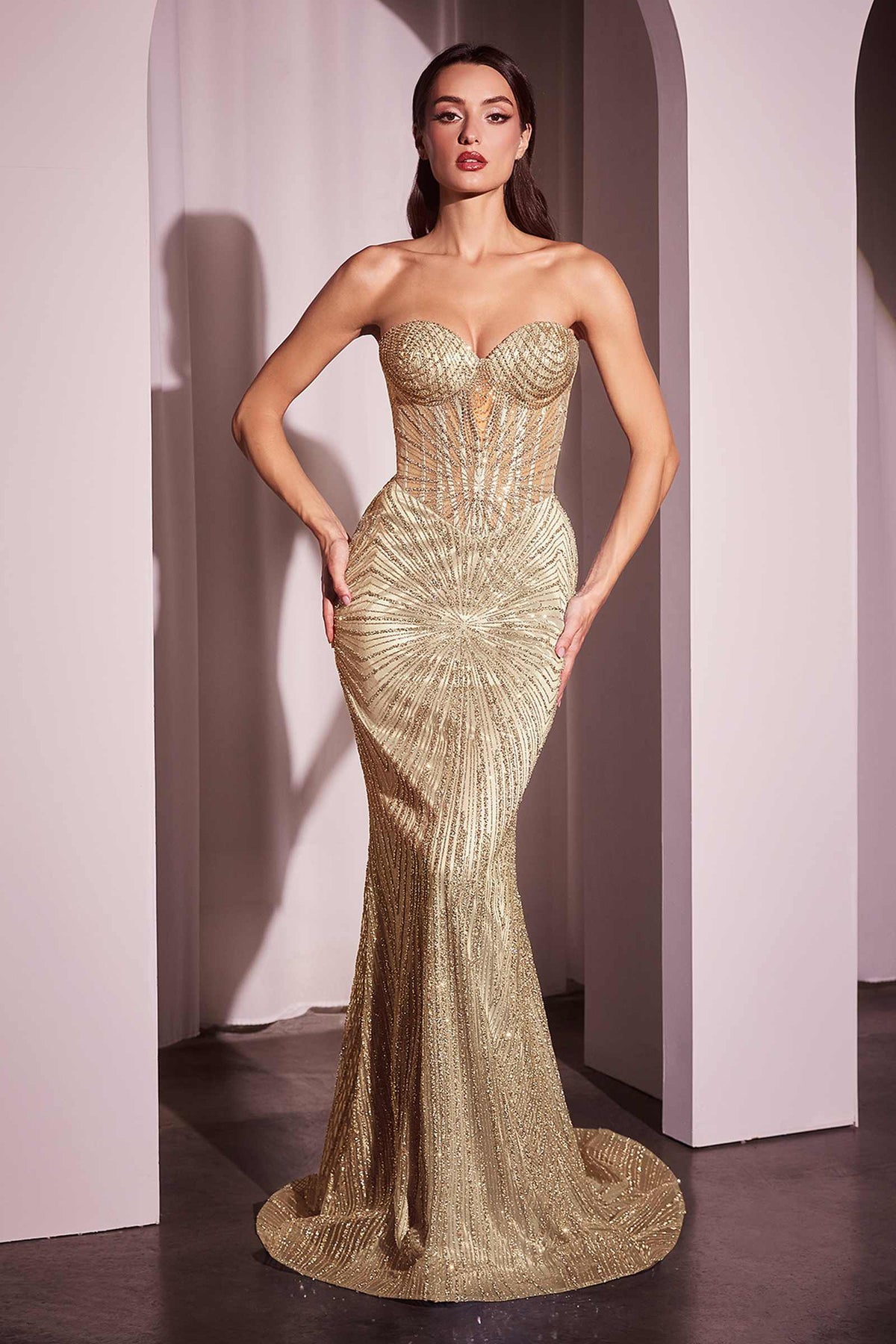 Ladivine J871 Long Sultry Fitted Strapless Embellished Prom Gown
