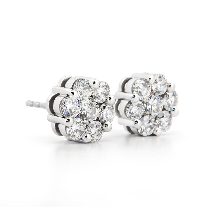 AGI Certified 2.00ctw Lab Diamond Floral Cluster Stud Earrings in 14kt White Gold VossAgin