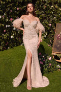 Andrea & Leo MA102 Strapless Pearl Gown With Removable Feather Sleeves