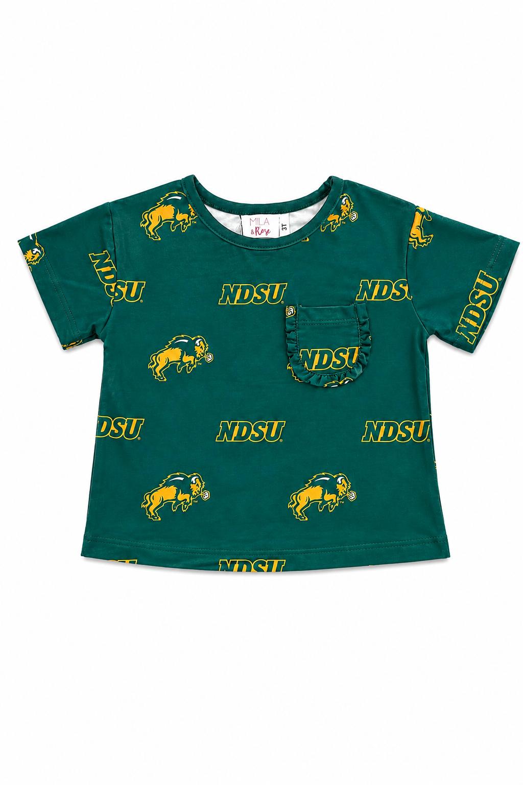 North Dakota State University Green Bison Ruffle Pocket Tee Mila & Rose ®