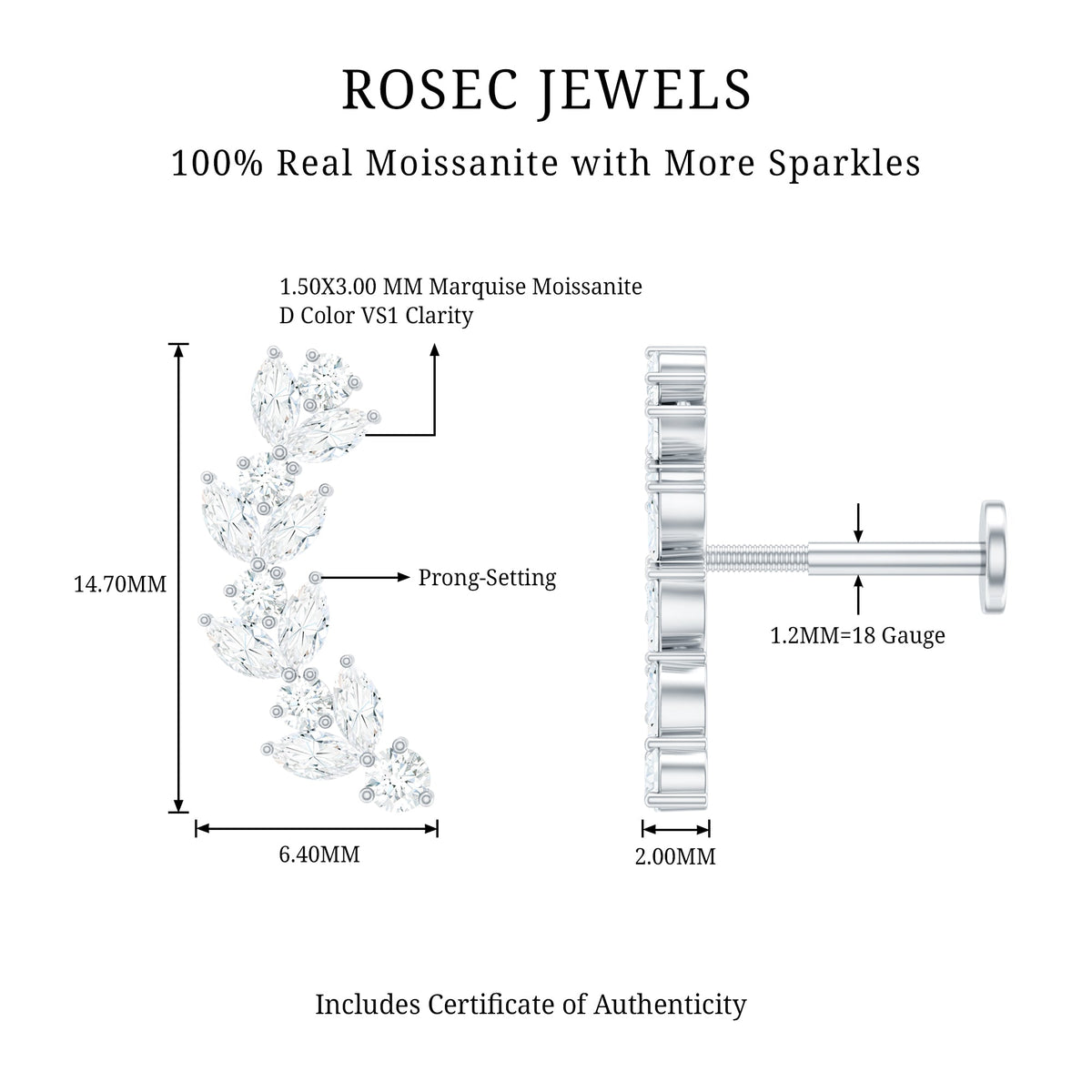 Marquise and Round Moissanite Leaf Helix Earring