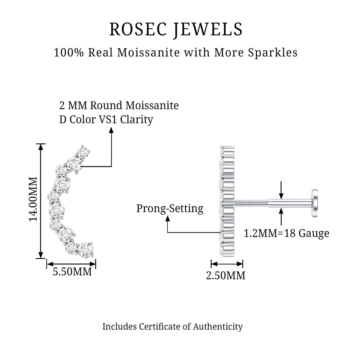 Round Cut Moissanite Ear Crawler Earring for Helix Piercing