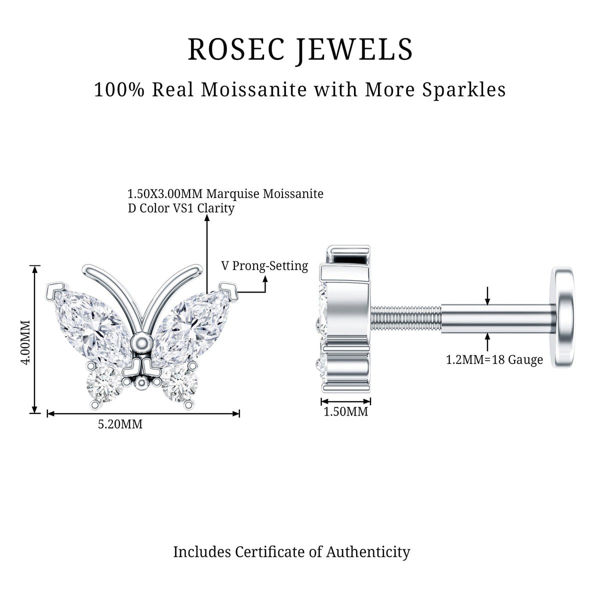 Marquise Moissanite Butterfly Cartilage Earring
