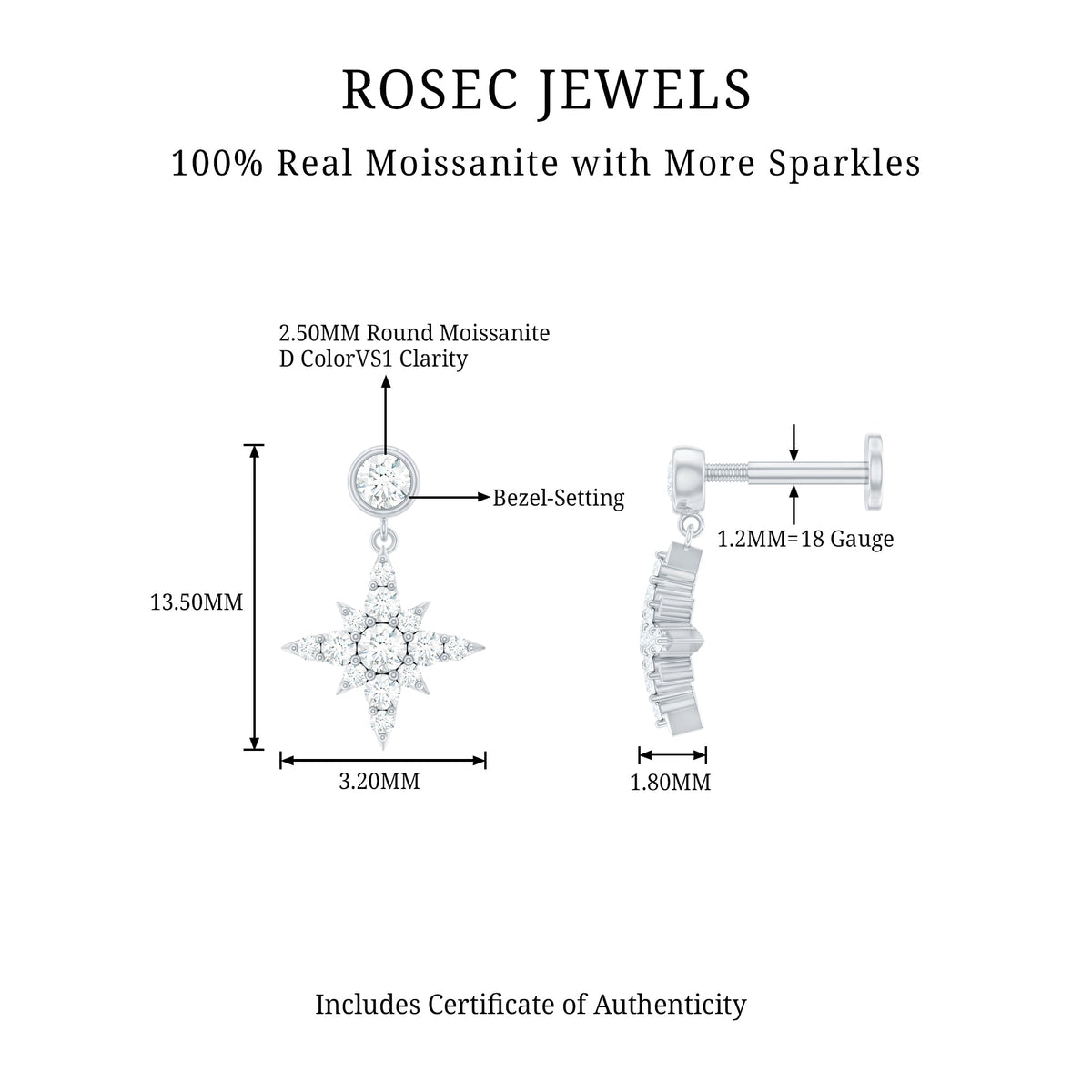 Moissanite Starburst Drop Earring for Cartilage Piercing