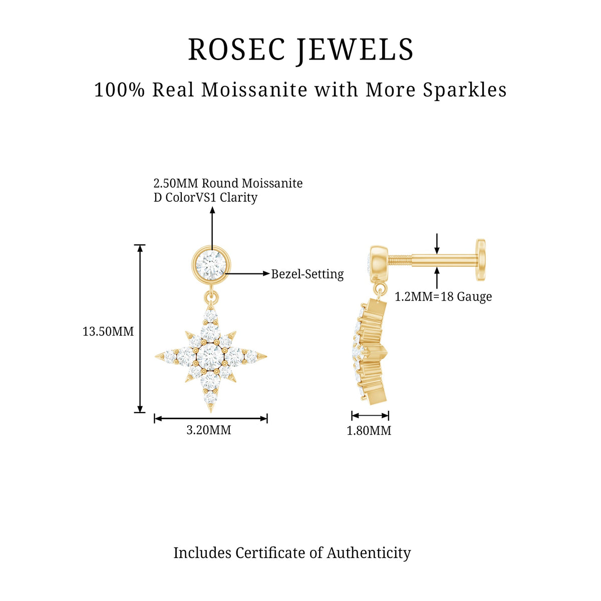 Moissanite Starburst Drop Earring for Cartilage Piercing