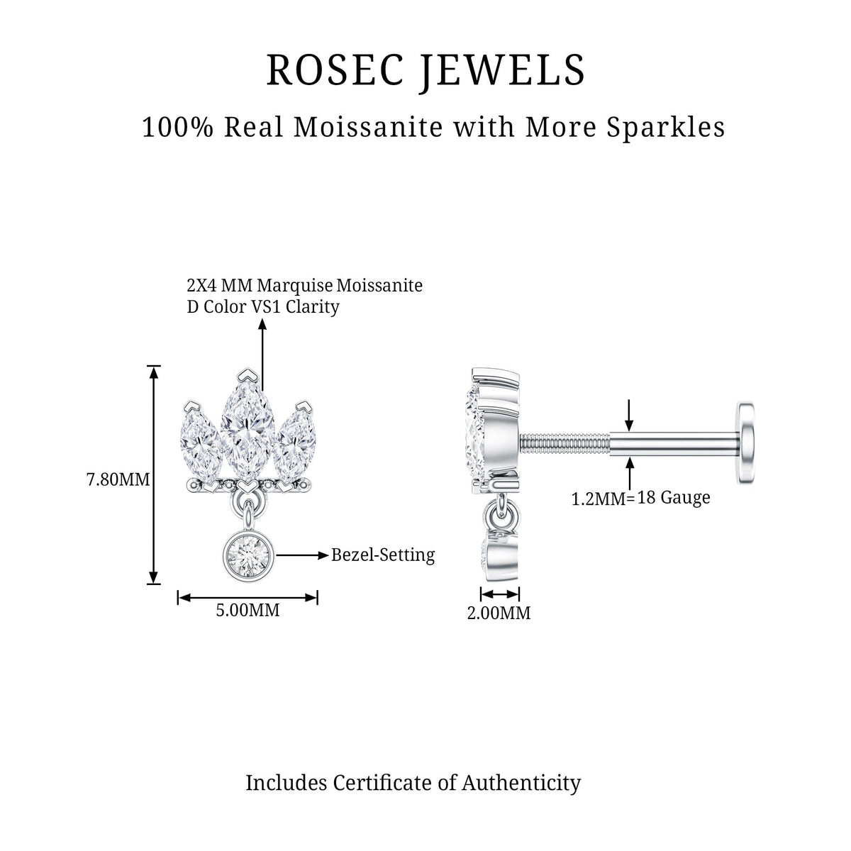 Marquise Moissanite Stud Drop Earring for Helix Piercing