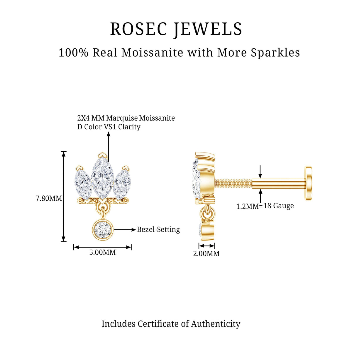 Marquise Moissanite Stud Drop Earring for Helix Piercing